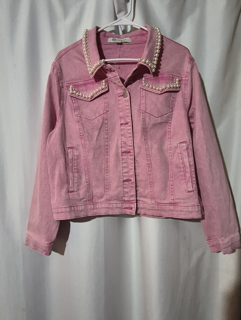 Women's Pink Pearl-Trim Denim Jacket - Casual Jean Jacket